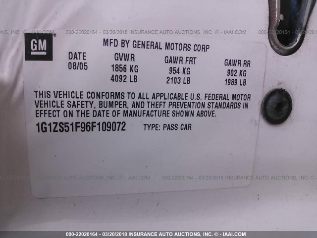 1G1ZS51F96F109072 - 2006 CHEVROLET MALIBU LS თეთრი ფოტო 9