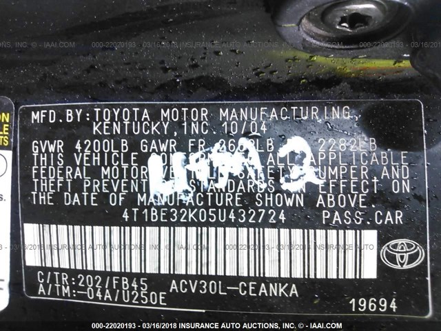 4T1BE32K05U432724 - 2005 TOYOTA CAMRY LE/XLE/SE 黑色 照片 9