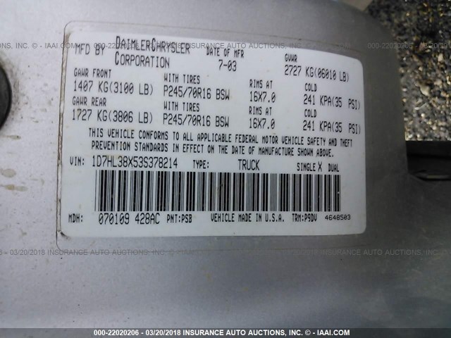 1D7HL38X53S378214 - 2003 DODGE DAKOTA QUAD SPORT SILVER photo 9