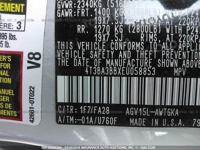 4T3BA3BBXEU058853 - 2014 TOYOTA VENZA LE/XLE SILVER photo 9