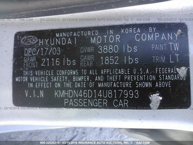 KMHDN46D14U817993 - 2004 HYUNDAI ELANTRA GLS/GT SILVER photo 9