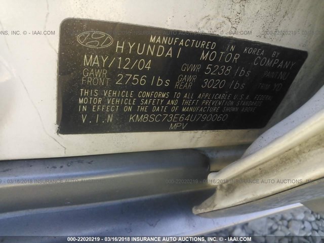 KM8SC73E64U790060 - 2004 HYUNDAI SANTA FE GLS/LX WHITE photo 9