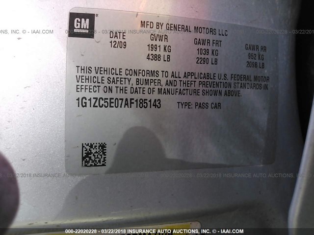 1G1ZC5E07AF185143 - 2010 CHEVROLET MALIBU 1LT 银色 照片 9