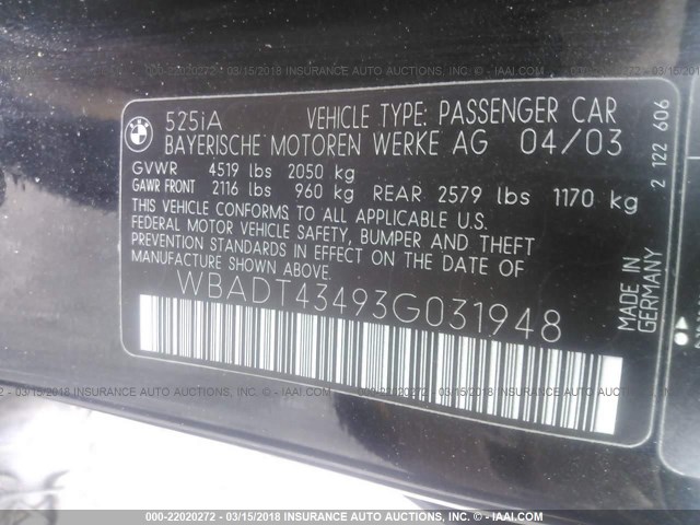 WBADT43493G031948 - 2003 BMW 525 I AUTOMATIC BLACK photo 9