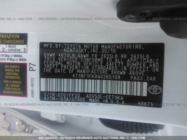 4T1BF1FKXGU265108 - 2016 TOYOTA CAMRY LE/XLE/SE/XSE WHITE photo 9