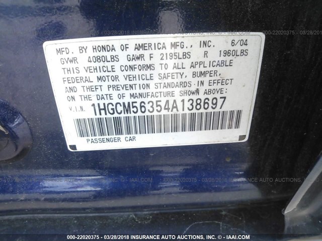 1HGCM56354A138697 - 2004 HONDA ACCORD LX BLUE photo 9