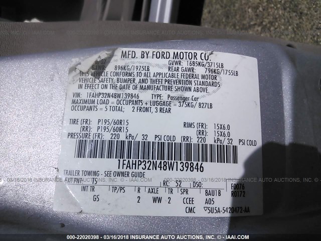 1FAHP32N48W139846 - 2008 FORD FOCUS S/SE SILVER photo 9