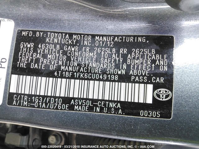 4T1BF1FK6CU049198 - 2012 TOYOTA CAMRY SE/LE/XLE GRAY photo 9