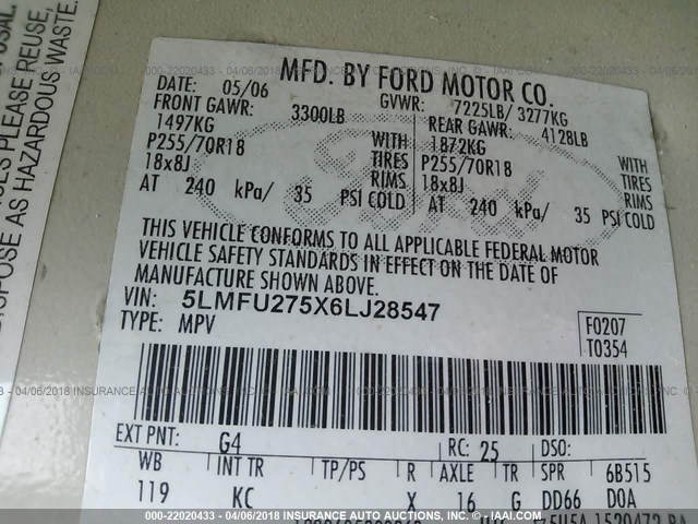 5LMFU275X6LJ28547 - 2006 LINCOLN NAVIGATOR 白色 照片 9