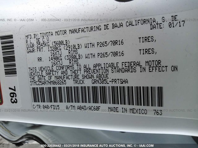 3TMCZ5AN7HM068265 - 2017 TOYOTA TACOMA DBL CAB/SR/TRDSPT/OR/PRO Ağ foto 9