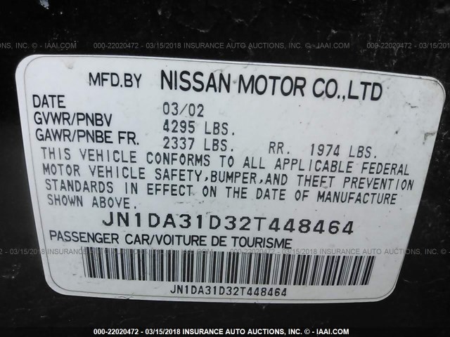 JN1DA31D32T448464 - 2002 NISSAN MAXIMA GLE/GXE/SE BLACK photo 9