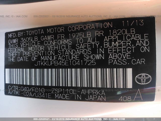 JTKKUPB45E1041725 - 2014 TOYOTA SCION XD WHITE photo 9