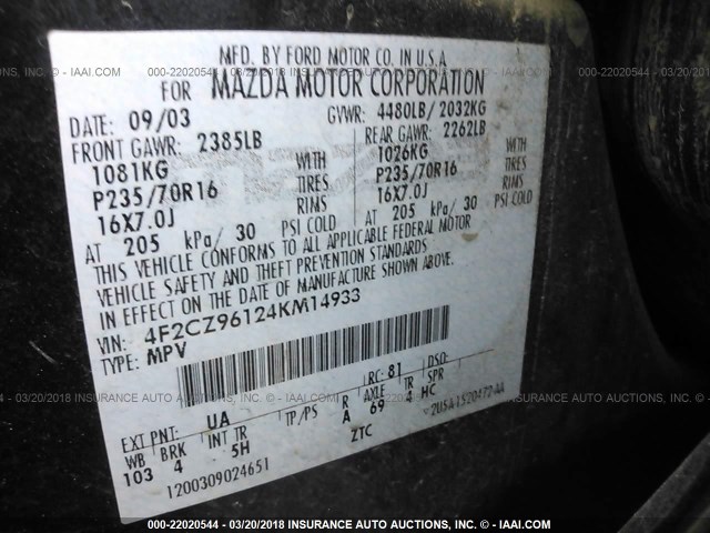 4F2CZ96124KM14933 - 2004 MAZDA TRIBUTE ES 黑色 照片 9