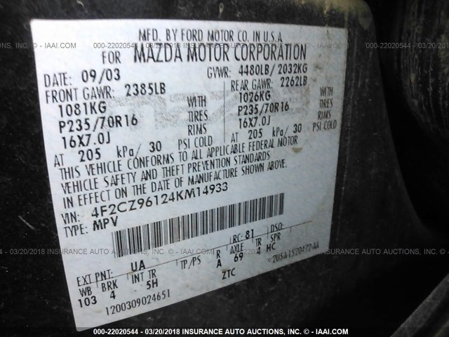 4F2CZ96124KM14933 - 2004 MAZDA TRIBUTE ES BLACK photo 9