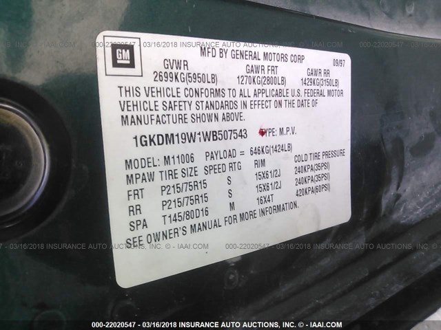 1GKDM19W1WB507543 - 1998 GMC SAFARI XT GREEN photo 9