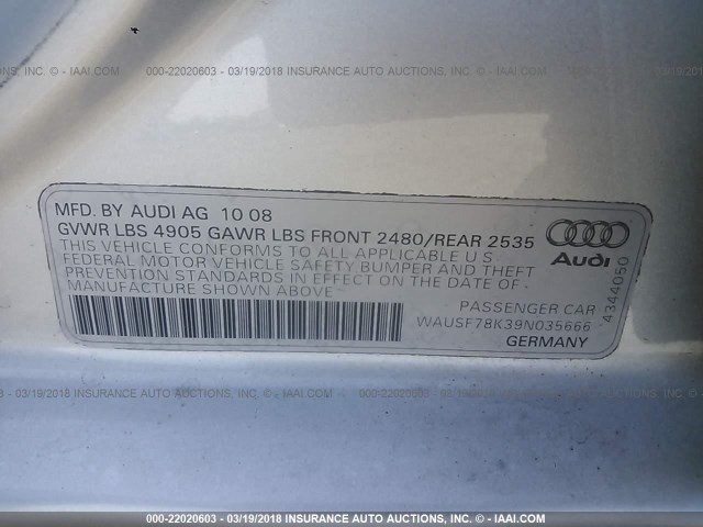 WAUSF78K39N035666 - 2009 AUDI A4 PREMIUM PLUS SILVER photo 9