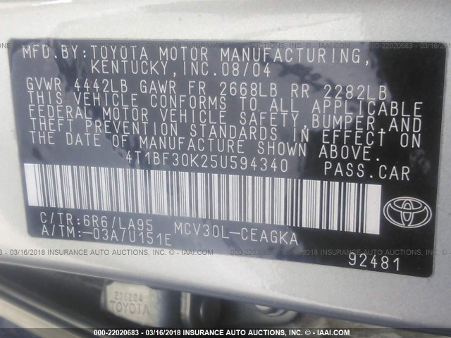 4T1BF30K25U594340 - 2005 TOYOTA CAMRY LE/XLE/SE ვერცხლისფერი ფოტო 9