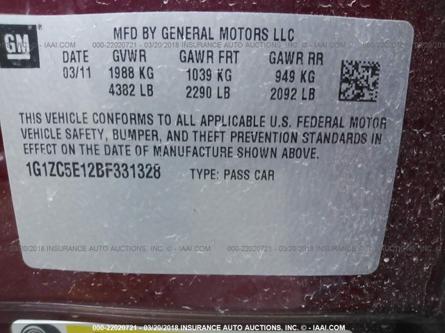 1G1ZC5E12BF331328 - 2011 CHEVROLET MALIBU 1LT RED photo 9