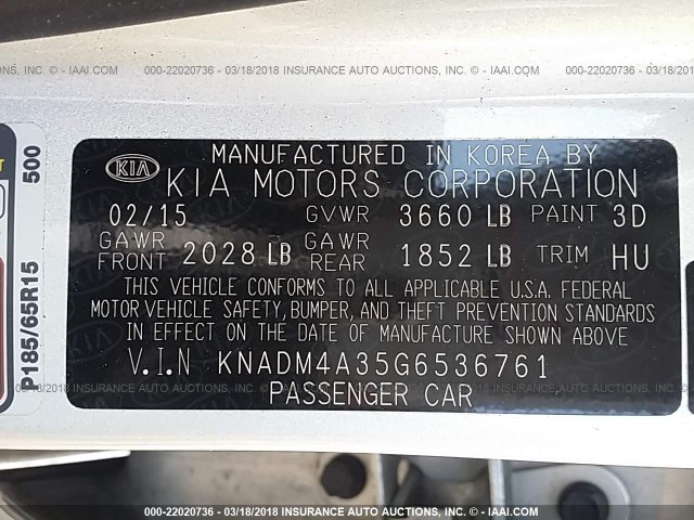 KNADM4A35G6536761 - 2016 KIA RIO LX Արծաթագույն լուսանկար 9