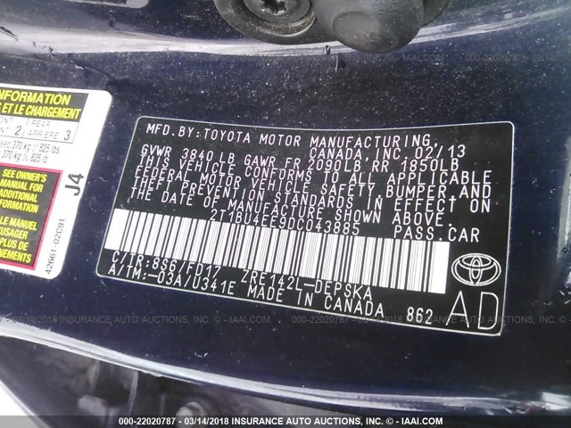 2T1BU4EE9DC043885 - 2013 TOYOTA COROLLA S/LE BLUE photo 9