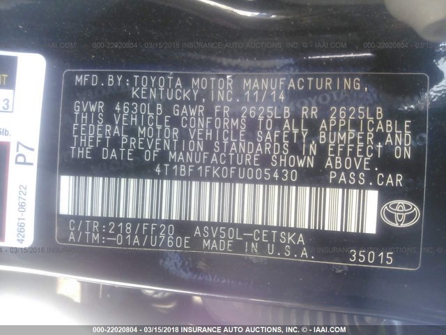 4T1BF1FK0FU005430 - 2015 TOYOTA CAMRY LE/XLE/SE/XSE BLACK photo 9