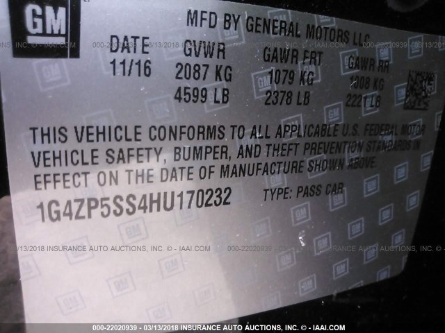 1G4ZP5SS4HU170232 - 2017 BUICK LACROSSE ESSENCE BLACK photo 9