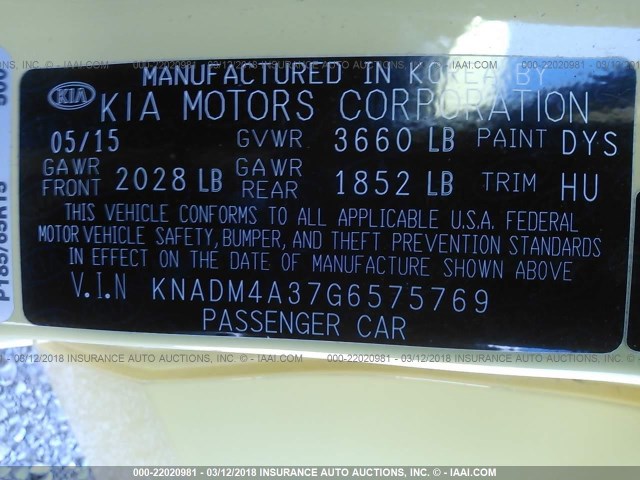 KNADM4A37G6575769 - 2016 KIA RIO LX Դեղին լուսանկար 9