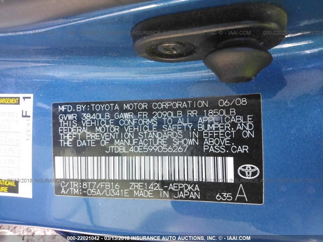 JTDBL40E599056267 - 2009 TOYOTA COROLLA LE/XLE BLUE photo 9