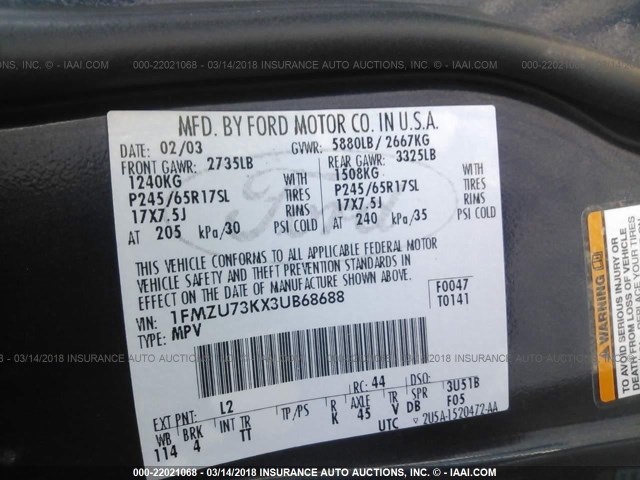 1FMZU73KX3UB68688 - 2003 FORD EXPLORER XLT/XLT SPORT/NBX მუქი ლურჯი ფოტო 9