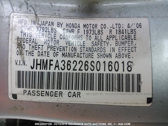 JHMFA36226S016018 - 2006 HONDA CIVIC HYBRID Light Blue photo 9