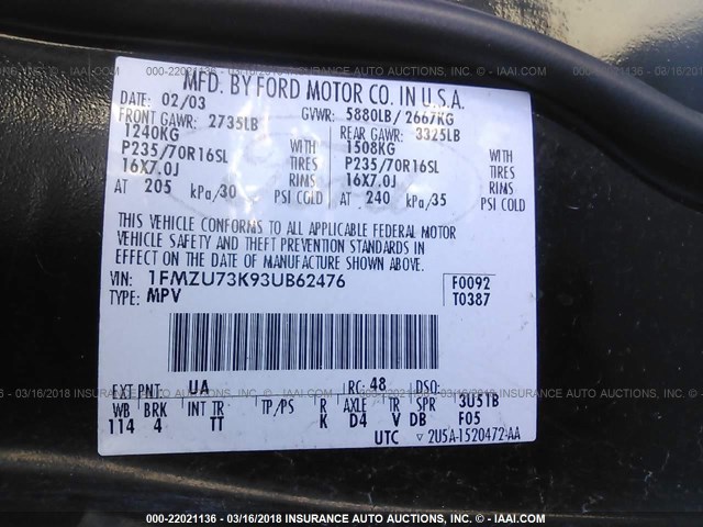 1FMZU73K93UB62476 - 2003 FORD EXPLORER XLT/XLT SPORT/NBX BLACK photo 9