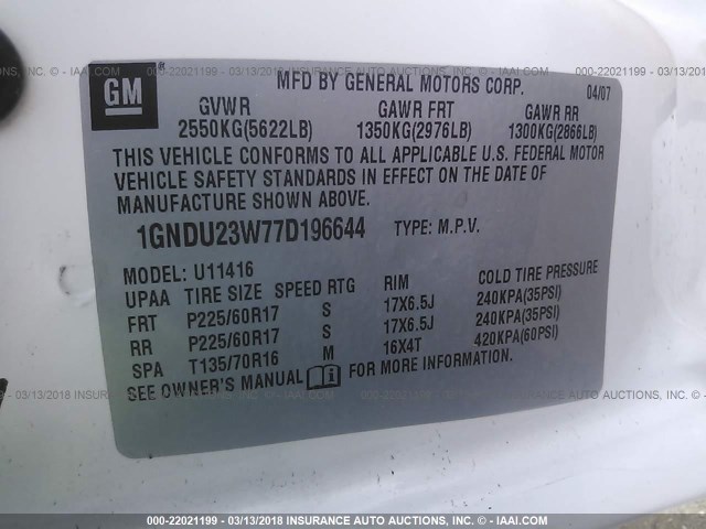 1GNDU23W77D196644 - 2007 CHEVROLET UPLANDER LS WHITE photo 9