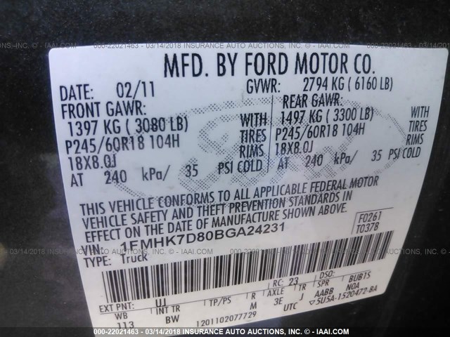 1FMHK7D80BGA24231 - 2011 FORD EXPLORER XLT GRAY photo 9