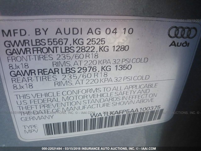 WA1LKAFP5AA100375 - 2010 AUDI Q5 PREMIUM PLUS SILVER photo 9