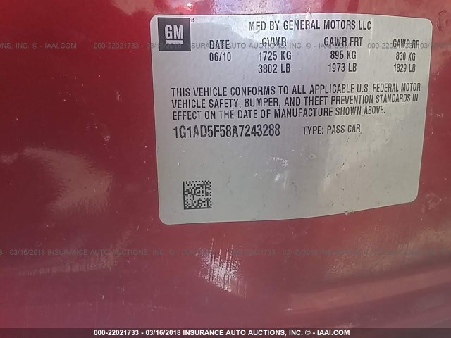 1G1AD5F58A7243288 - 2010 CHEVROLET COBALT 1LT RED photo 9