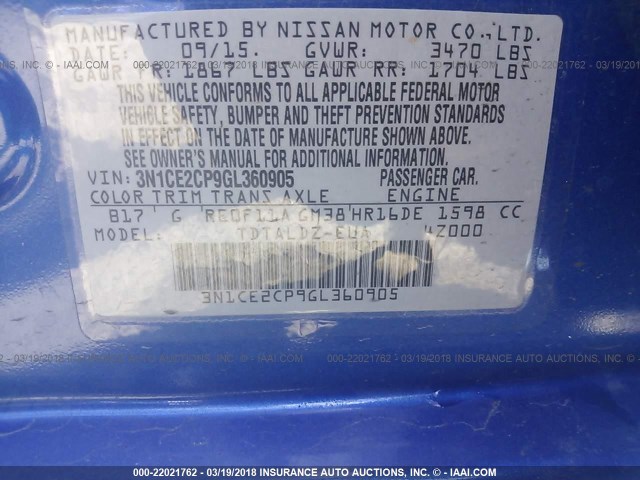 3N1CE2CP9GL360905 - 2016 NISSAN VERSA NOTE S/S PLUS/SV/SL/SR BLUE photo 9