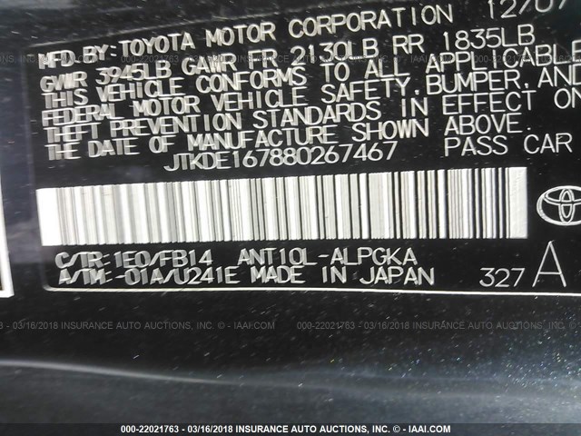JTKDE167880267467 - 2008 TOYOTA SCION TC 灰色 照片 9