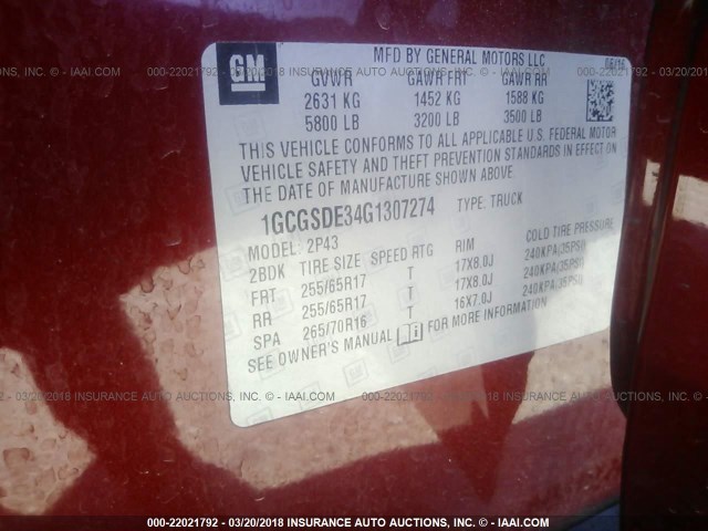 1GCGSDE34G1307274 - 2016 CHEVROLET COLORADO Z71 RED photo 9