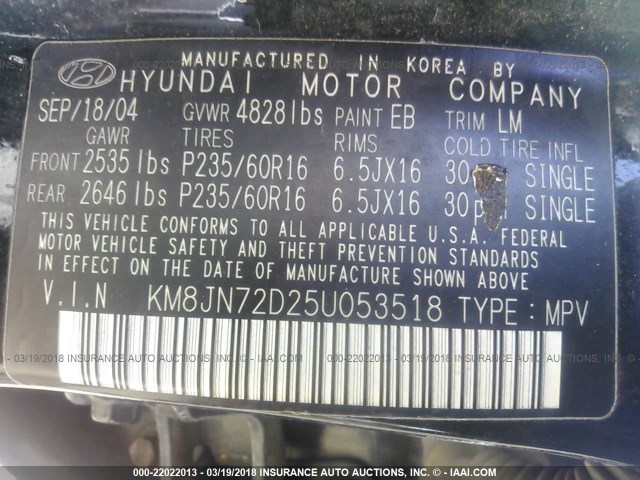 KM8JN72D25U053518 - 2005 HYUNDAI TUCSON GLS/LX BLACK photo 9