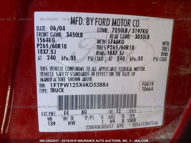 1FTPW125X4KD53884 - 2004 FORD F150 SUPERCREW RED photo 9