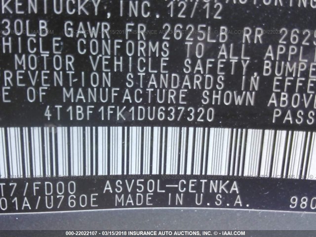 4T1BF1FK1DU637320 - 2013 TOYOTA CAMRY L/SE/LE/XLE 灰色 照片 9