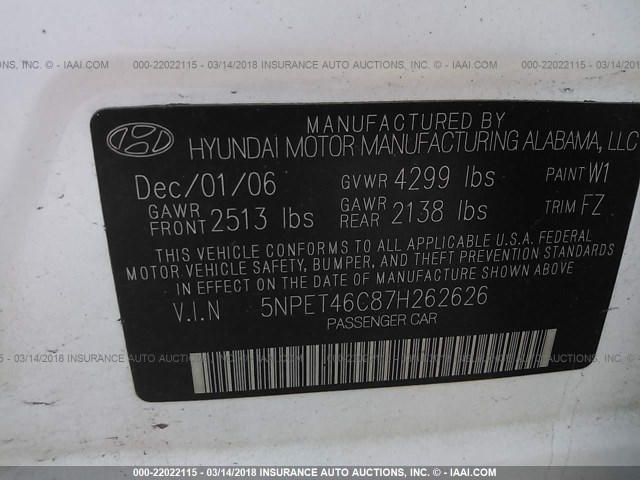 5NPET46C87H262626 - 2007 HYUNDAI SONATA GLS WHITE photo 9