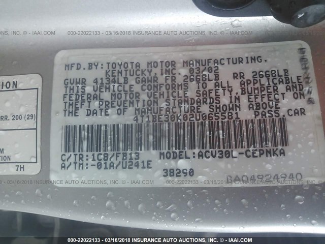 4T1BE30K02U065581 - 2002 TOYOTA CAMRY LE/XLE/SE 银色 照片 9