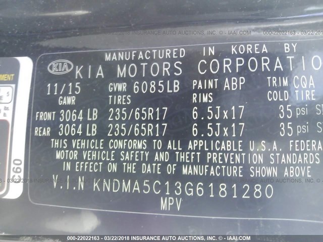 KNDMA5C13G6181280 - 2016 KIA SEDONA L BLACK photo 9