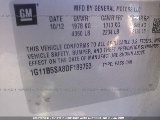 1G11B5SA8DF189753 - 2013 CHEVROLET MALIBU LS 银色 照片 9