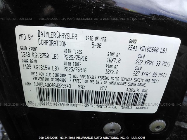 1J4GL48K46W273543 - 2006 JEEP LIBERTY SPORT 黑色 照片 9