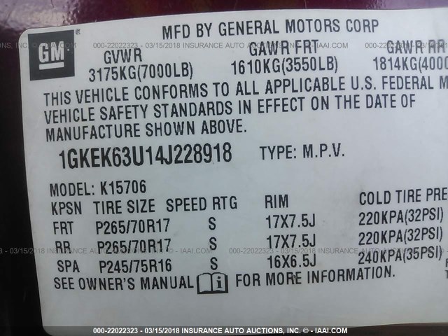 1GKEK63U14J228918 - 2004 GMC YUKON DENALI BURGUNDY photo 9