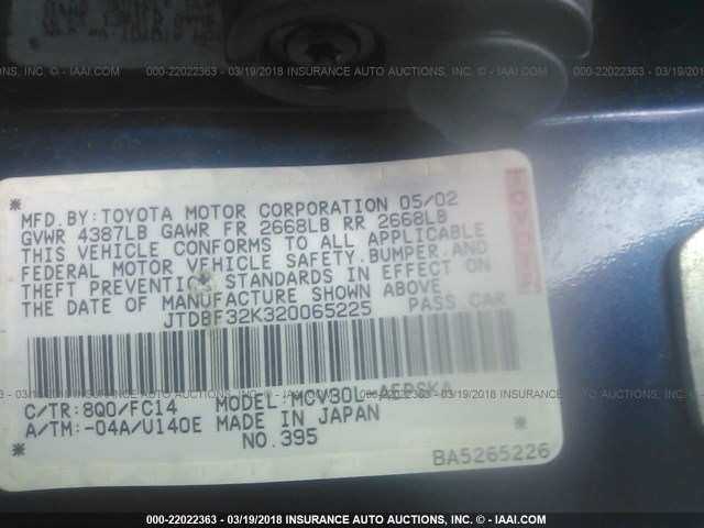 JTDBF32K320065225 - 2002 TOYOTA CAMRY LE/XLE/SE Көк фото 9