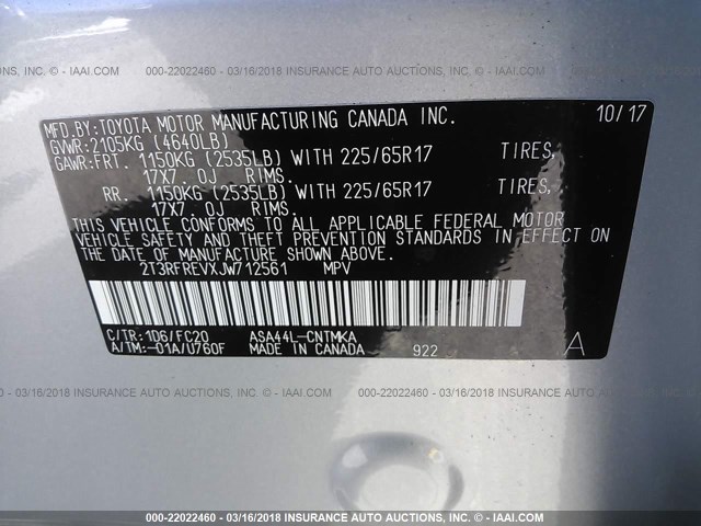 2T3RFREVXJW712561 - 2018 TOYOTA RAV4 ADVENTURE/XLE SILVER photo 9