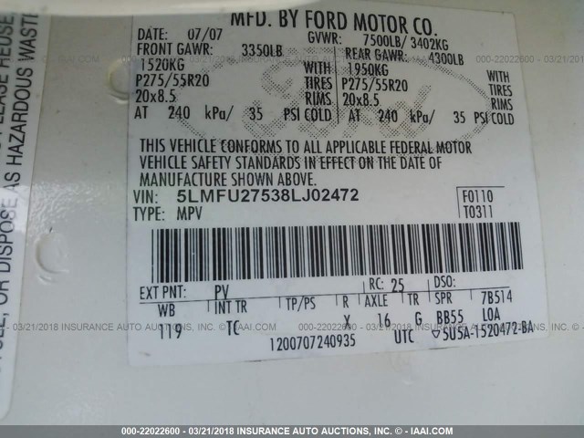 5LMFU27538LJ02472 - 2008 LINCOLN NAVIGATOR 白色 照片 9